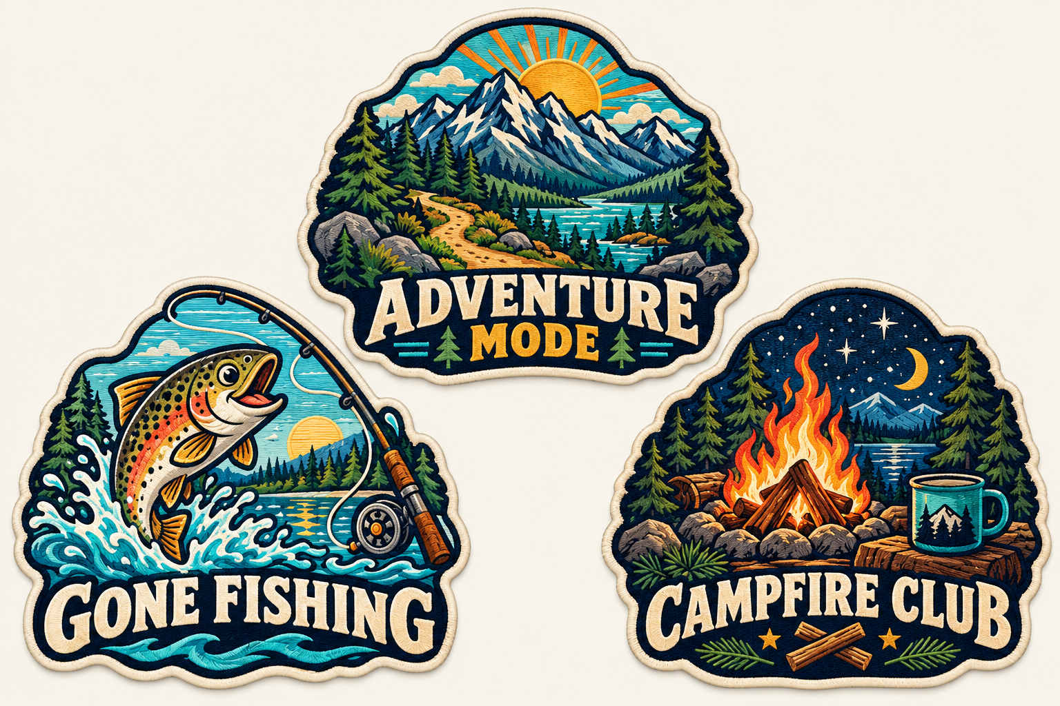 Adventure Mode, Gone Fishing, Campfire Club original patch concepts