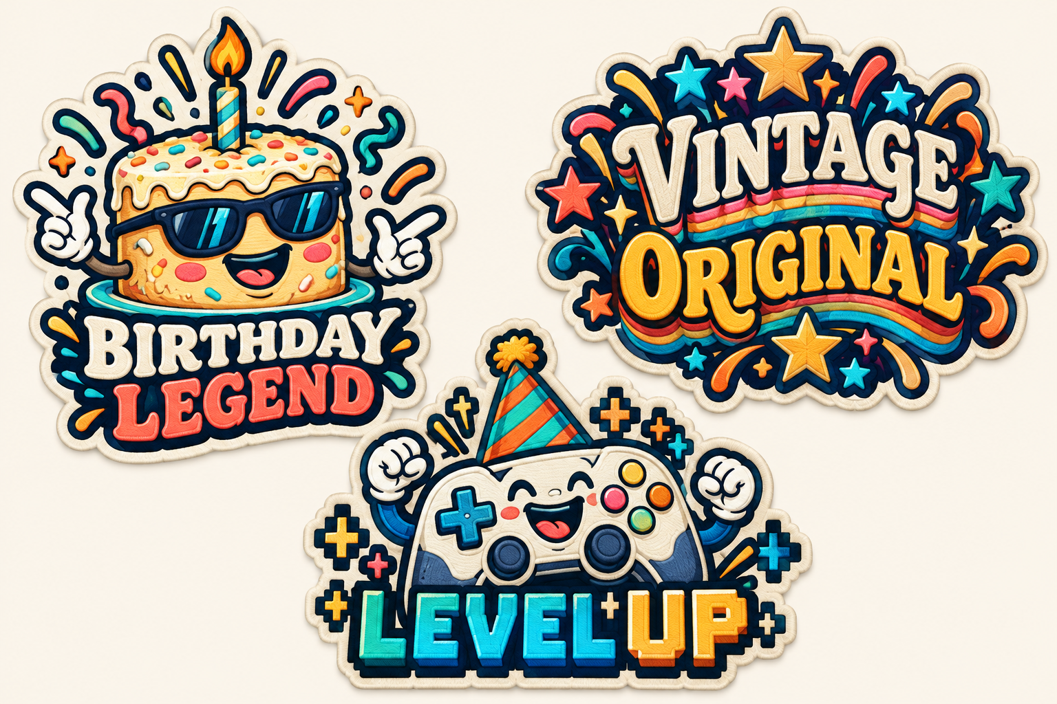 Birthday Legend, Vintage Original, Level Up original patch concepts