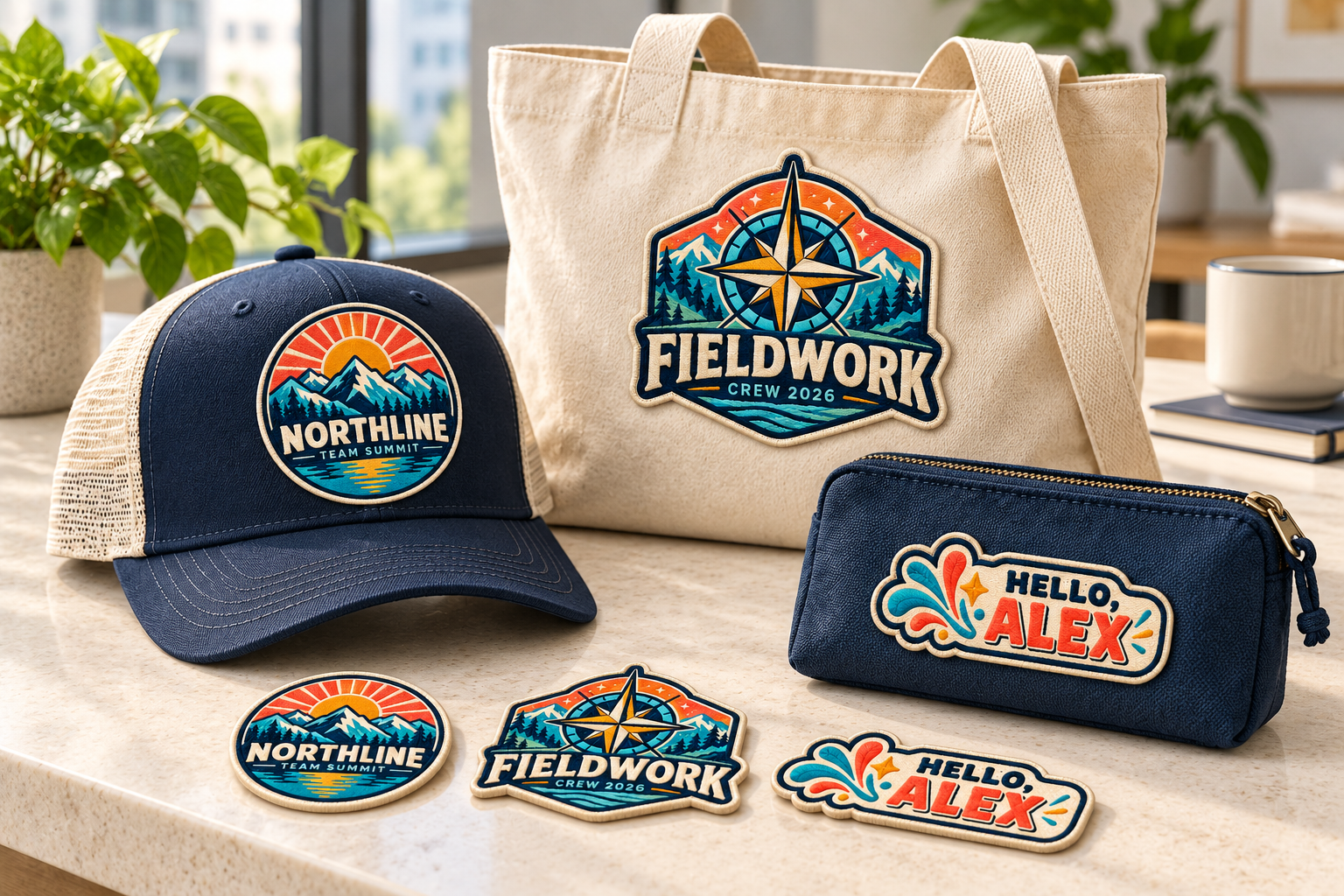 Illustrative branded products: a Northline hat, Fieldwork tote, and personalized pouch