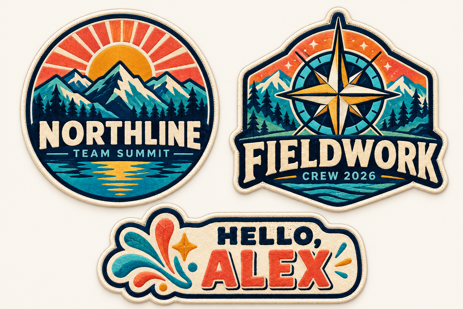 Northline Team Summit, Fieldwork Crew 2026, Hello, Alex original patch concepts