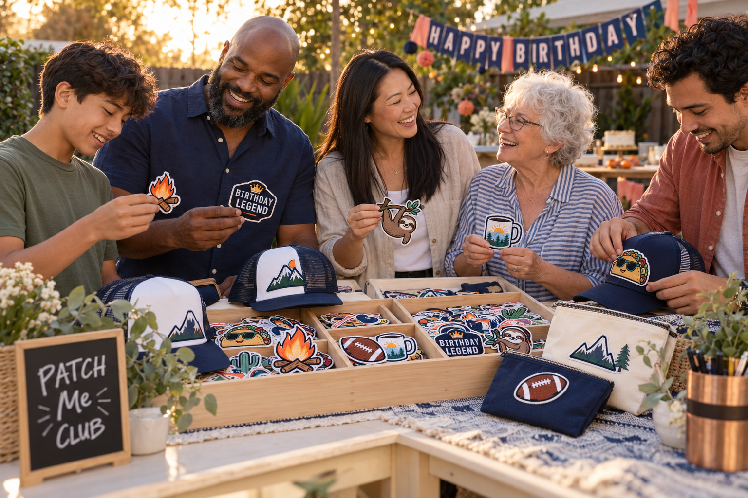 At home & beyond. Birthdays, backyard gatherings, sports crews, and holiday parties. Memes, original characters, and a patch for every personality.