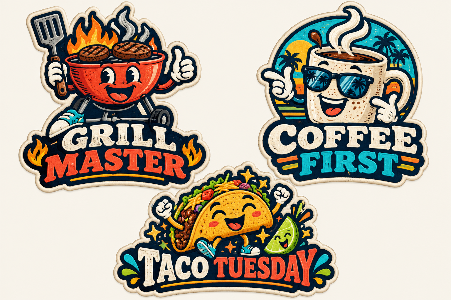 Grill Master, Coffee First, Taco Tuesday original patch concepts