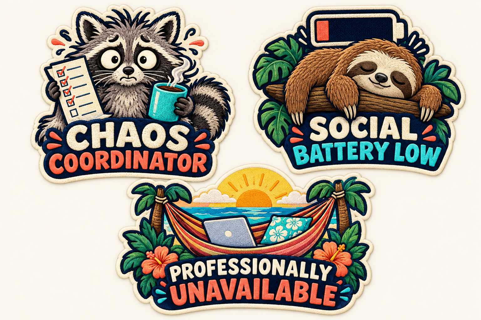 Chaos Coordinator, Social Battery Low, Professionally Unavailable original patch concepts