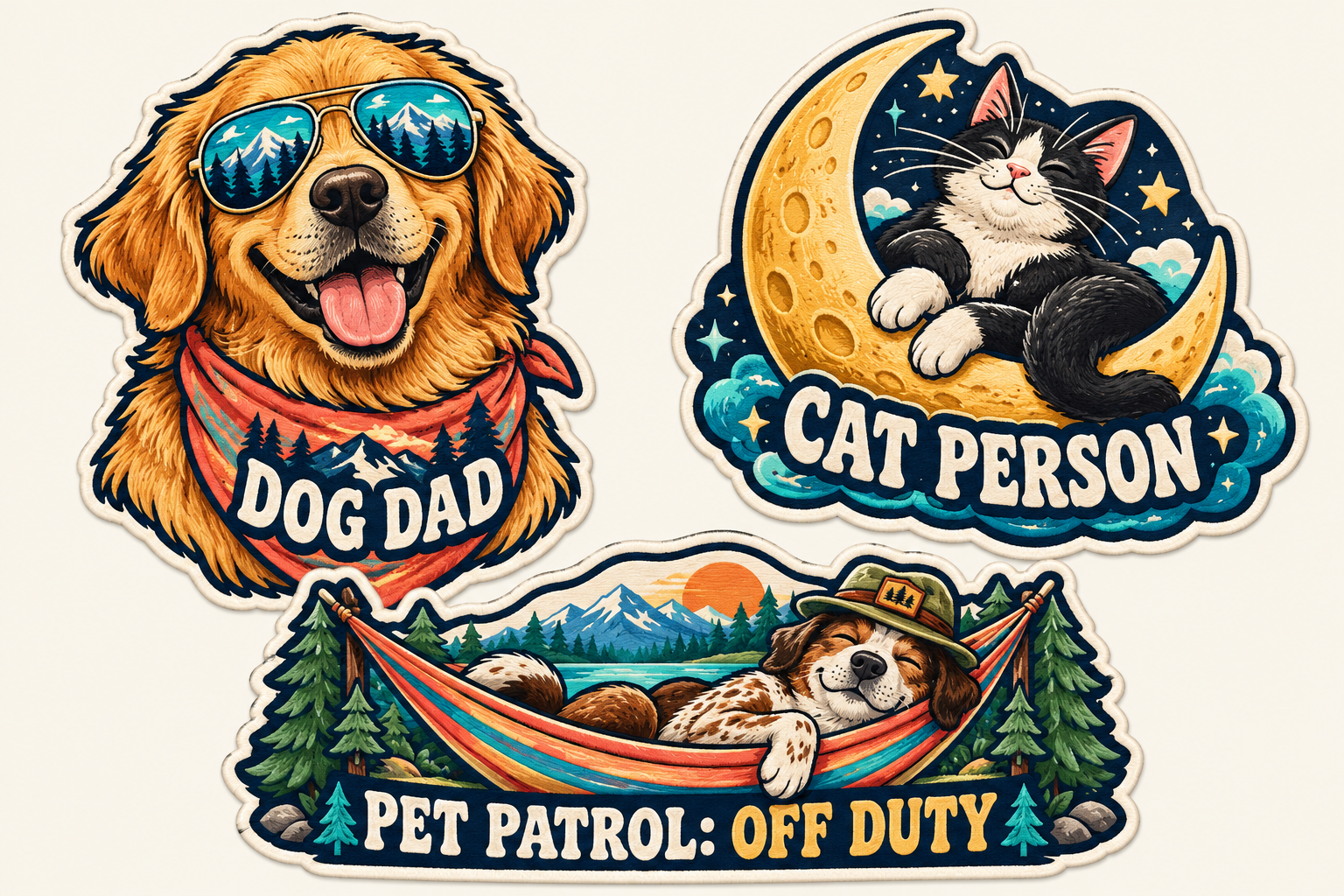 Dog Dad, Cat Person, Pet Patrol: Off Duty original patch concepts