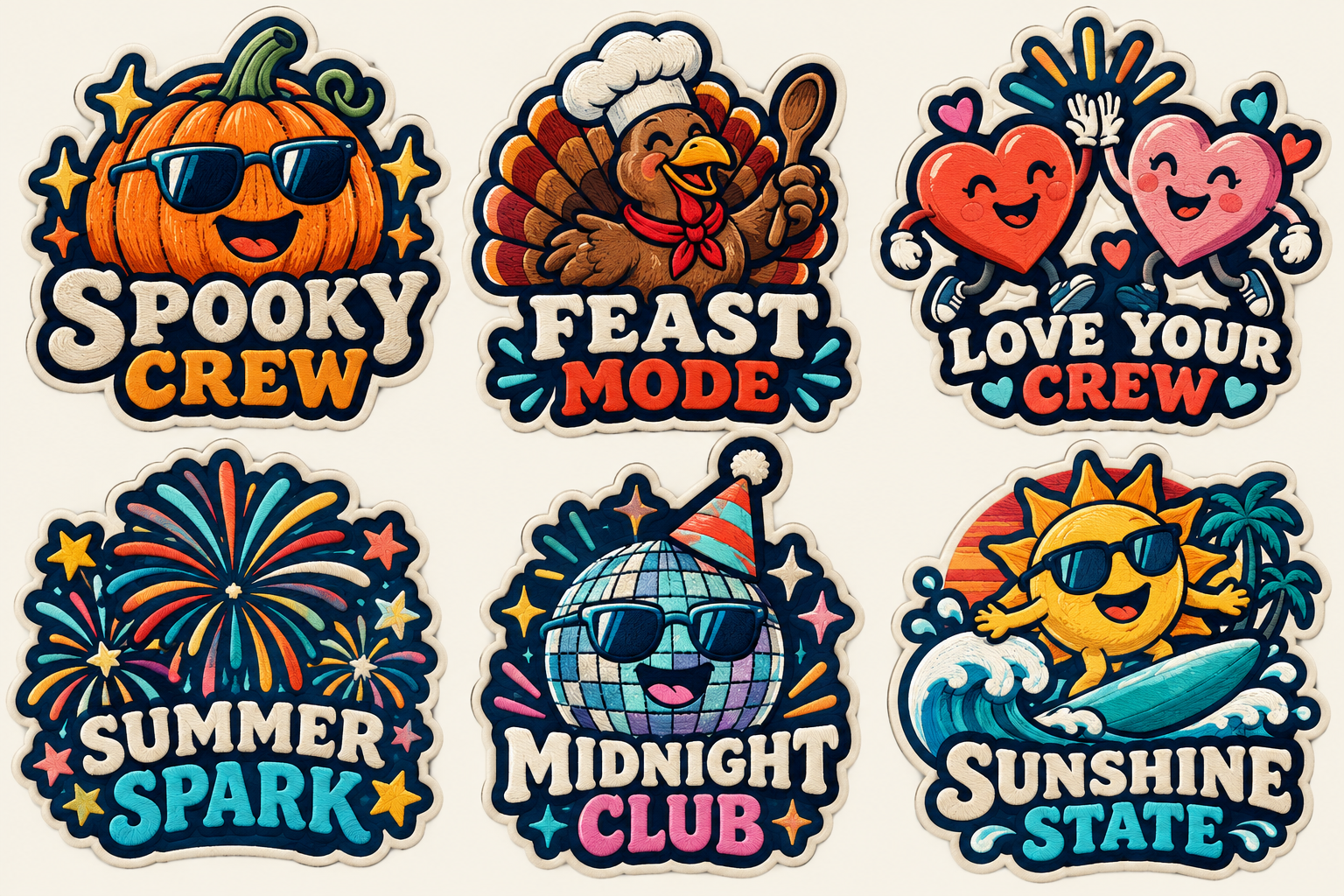 Spooky Crew, Feast Mode, Love Your Crew, Summer Spark, Midnight Club, Sunshine State original patch concepts