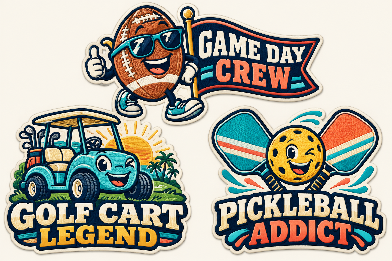 Game Day Crew, Golf Cart Legend, Pickleball Addict original patch concepts