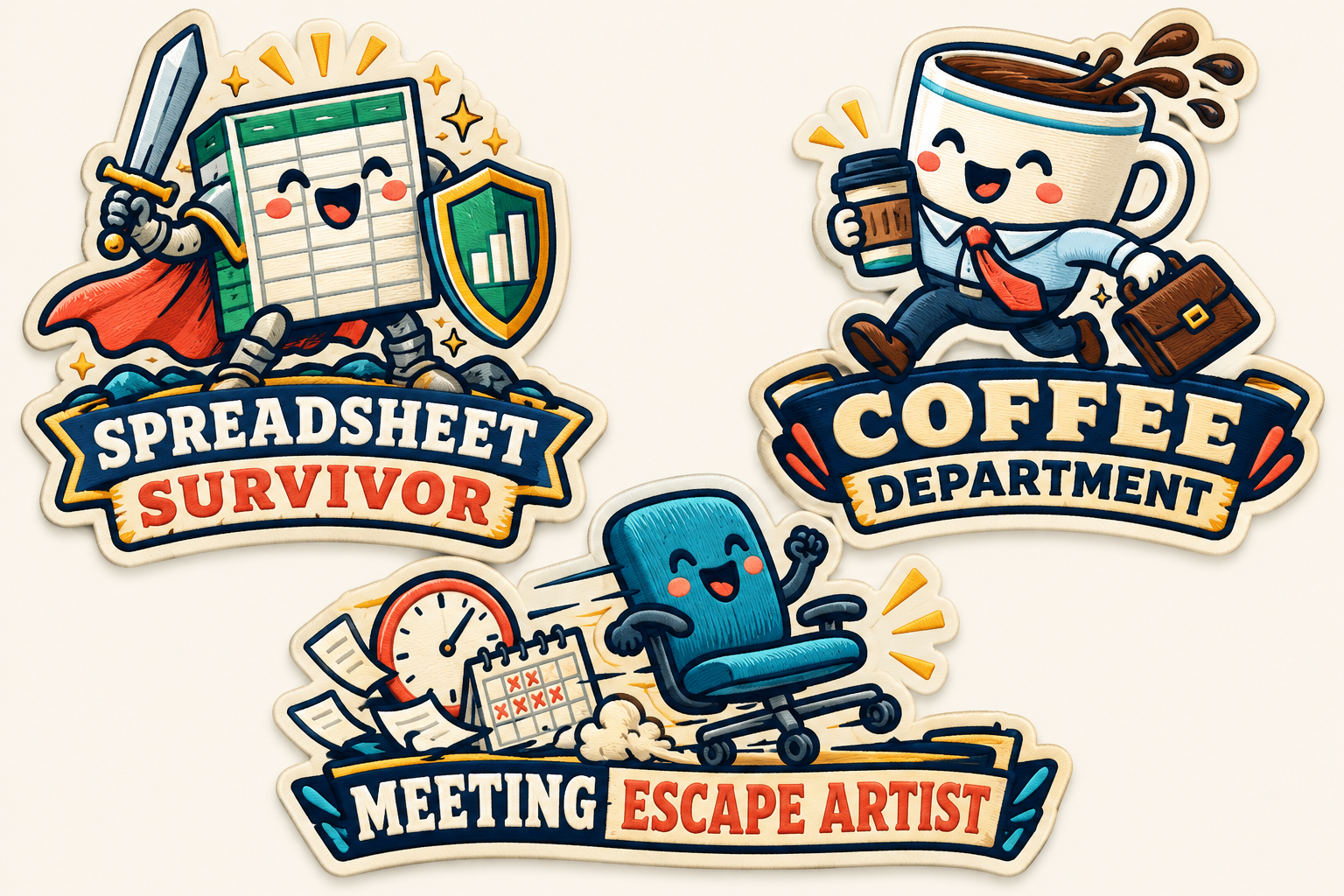 Spreadsheet Survivor, Coffee Department, Meeting Escape Artist original patch concepts