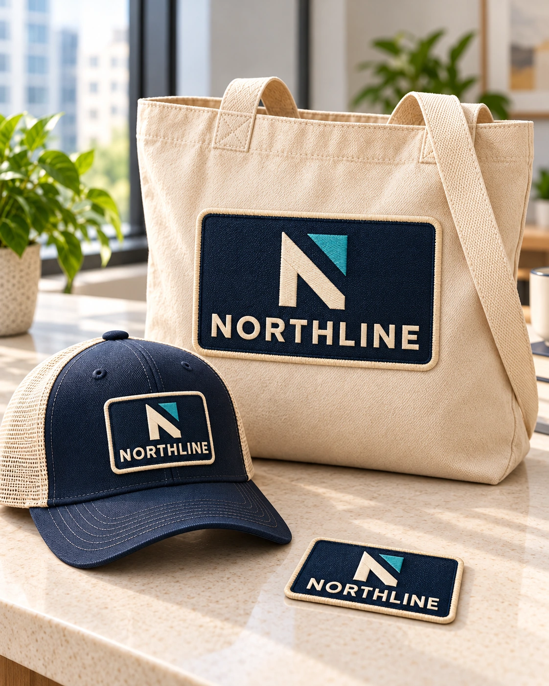 Illustrative Northline corporate-logo patches on a cream tote and navy cap