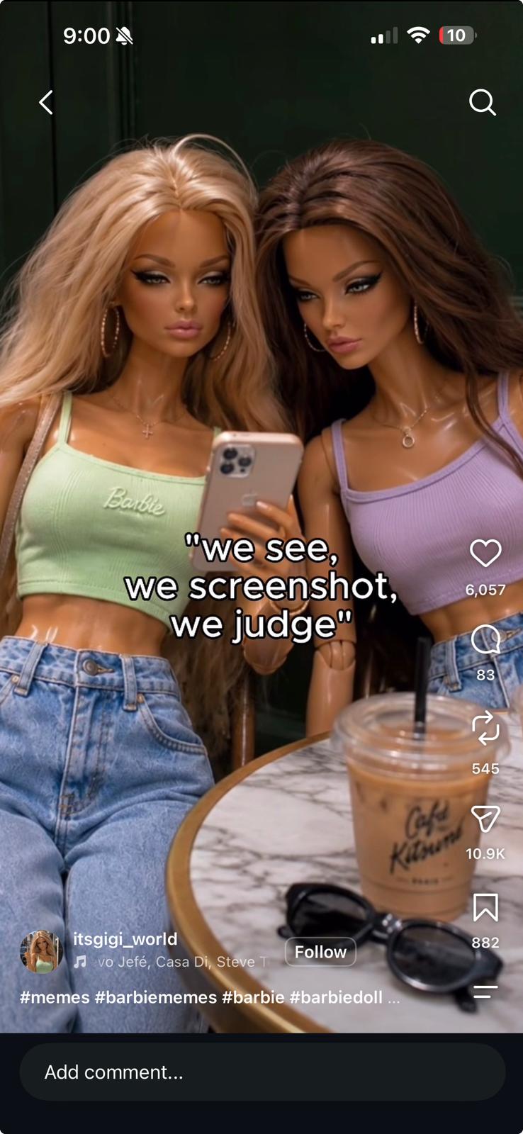 Shared Instagram meme reference showing two fashion dolls and the caption we see, we screenshot, we judge