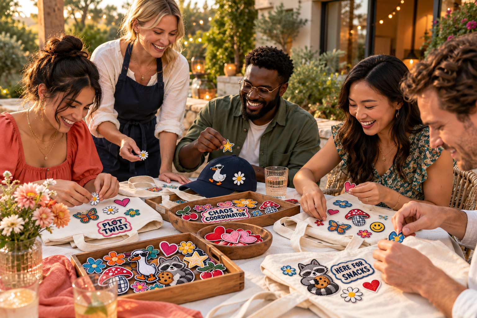 A mixed group of friends choosing funny original patches together at a backyard party