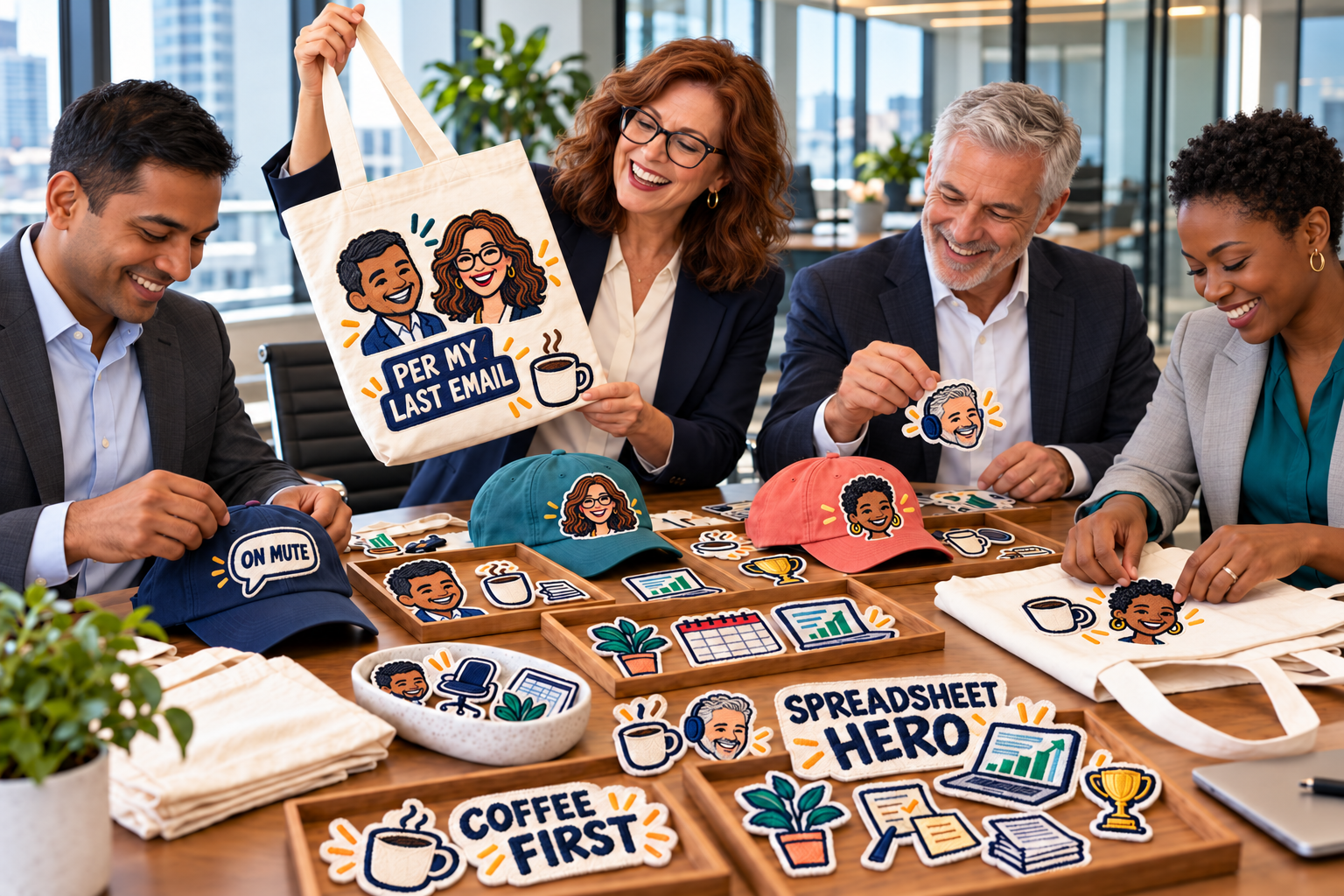 A distinct group of business professionals creating office-story and colleague-caricature patches